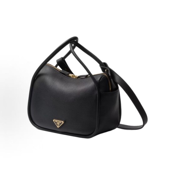 PRADA Enamel metal triangular logo zipper closed handbag for women in black